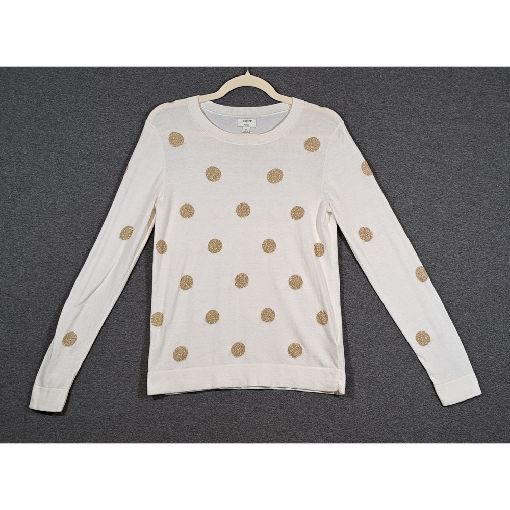 J.Crew Teddie Sweater Womens Small Ivory Gold Metallic Polka Dot Crewneck Cotton